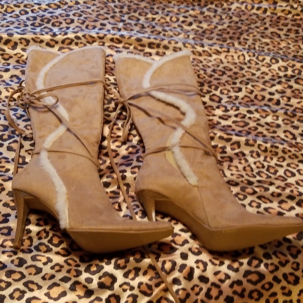 Tan suede and shearling high heel boots